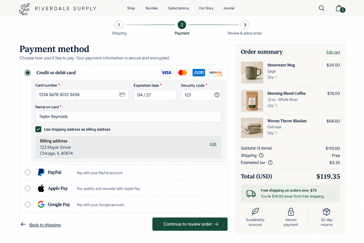 Online checkout page for Riverdale Supply showing payment method form with credit card details, order summary with three items, and free shipping offer.