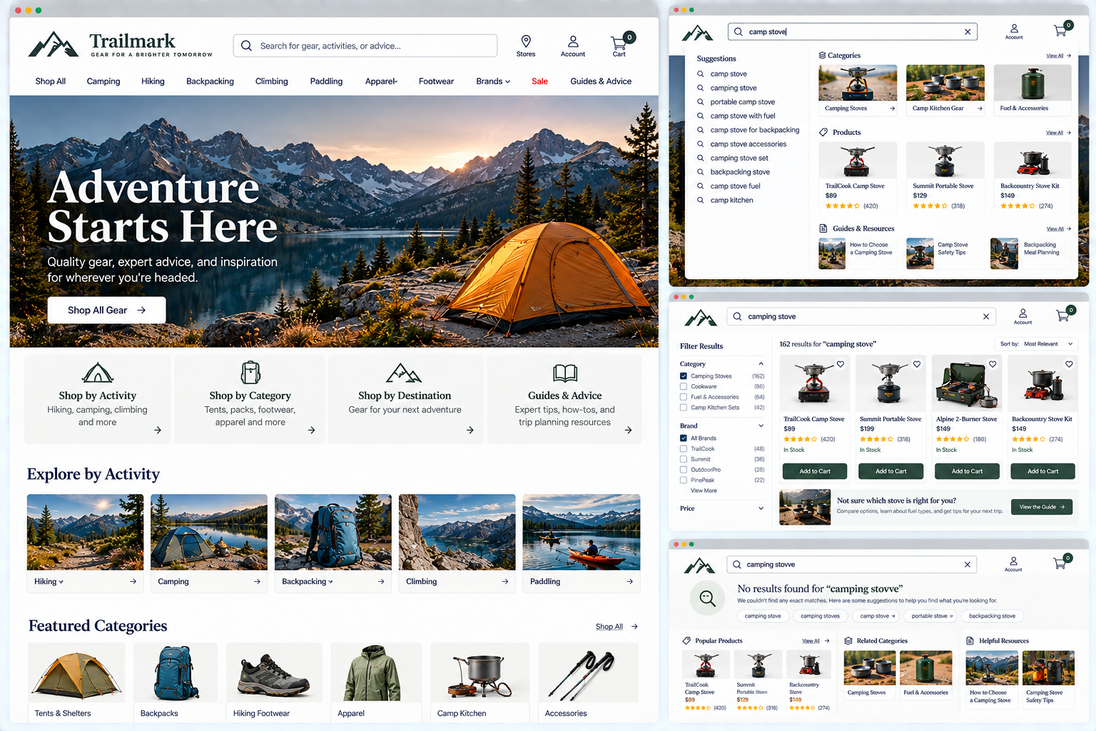 Screenshot of an outdoor gear website showing a mountain landscape with a lake and a tent, search bar, menu categories, and product listings for camping stoves.
