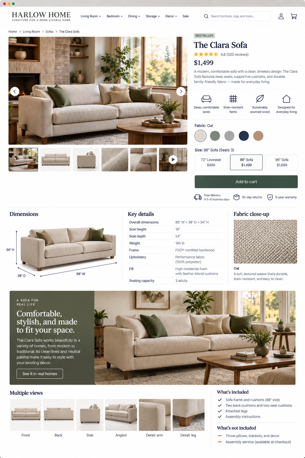 A webpage for Harlow Home furniture featuring the Clara Sofa, a beige sofa with green and beige pillows in a living room with a fireplace and large windows. Multiple images show different angles and close-ups of the sofa's fabric and details.