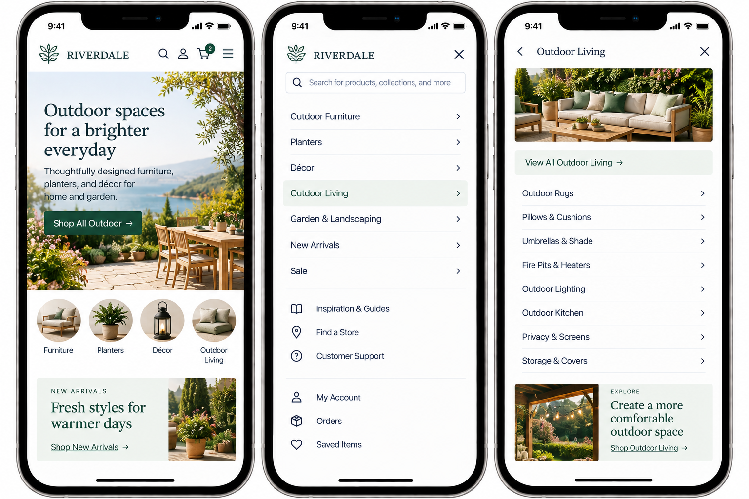 Screenshots of a mobile app for Riverdale outdoor furniture store, showing browsing categories, a search bar, and outdoor furniture options.
