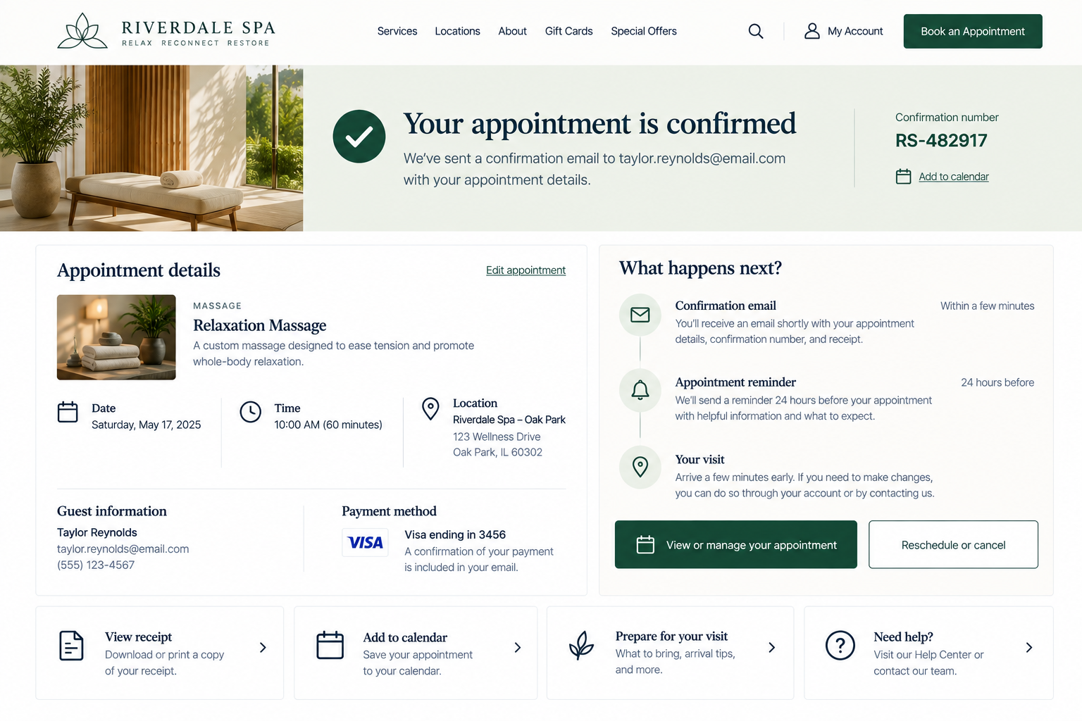 A confirmation webpage for a relaxation massage appointment at Riverdale Spa. The page displays appointment details, a confirmation message, and next steps.