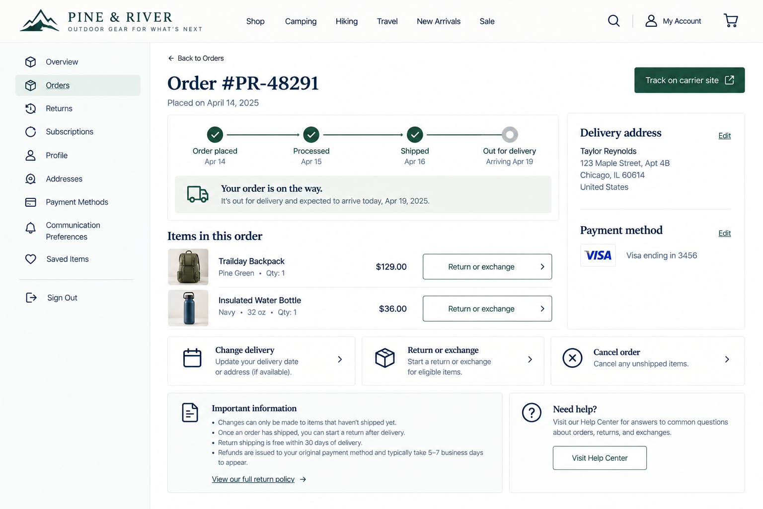 Order summary page from Pine & River website showing order number PR-48291 with delivery scheduled for April 19, 2025. The order includes a Trailday Backpack in pine green and an insulated water bottle in navy, with prices $129 and $36 respectively. Delivery address in Chicago, Illinois, and payment via VISA ending in 3456.