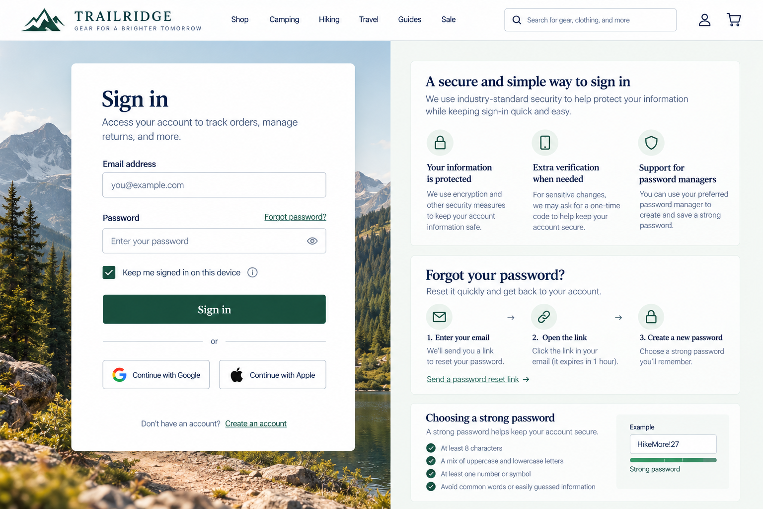 Screenshot of the Trailridge outdoor gear website's sign-in page featuring a mountain and forest background, with sections for account login, security information, and password reset instructions.