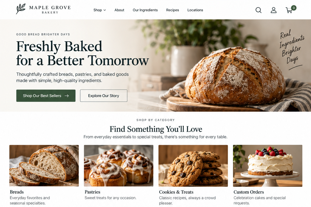 A bakery website homepage displaying a large loaf of bread on a wooden cutting board, with text promoting freshly baked goods for a better tomorrow, and categories including breads, pastries, cookies and treats, and custom orders.
