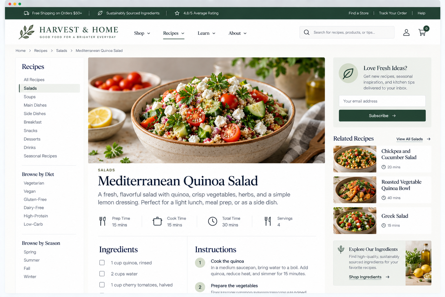 Webpage showing the recipe for Mediterranean Quinoa Salad, featuring an image of a colorful quinoa salad in a ceramic bowl, with cherry tomatoes, cucumbers, herbs, and feta cheese. The page includes sections for ingredients, instructions, and related recipes, with navigation menus and a subscription box for recipe updates.
