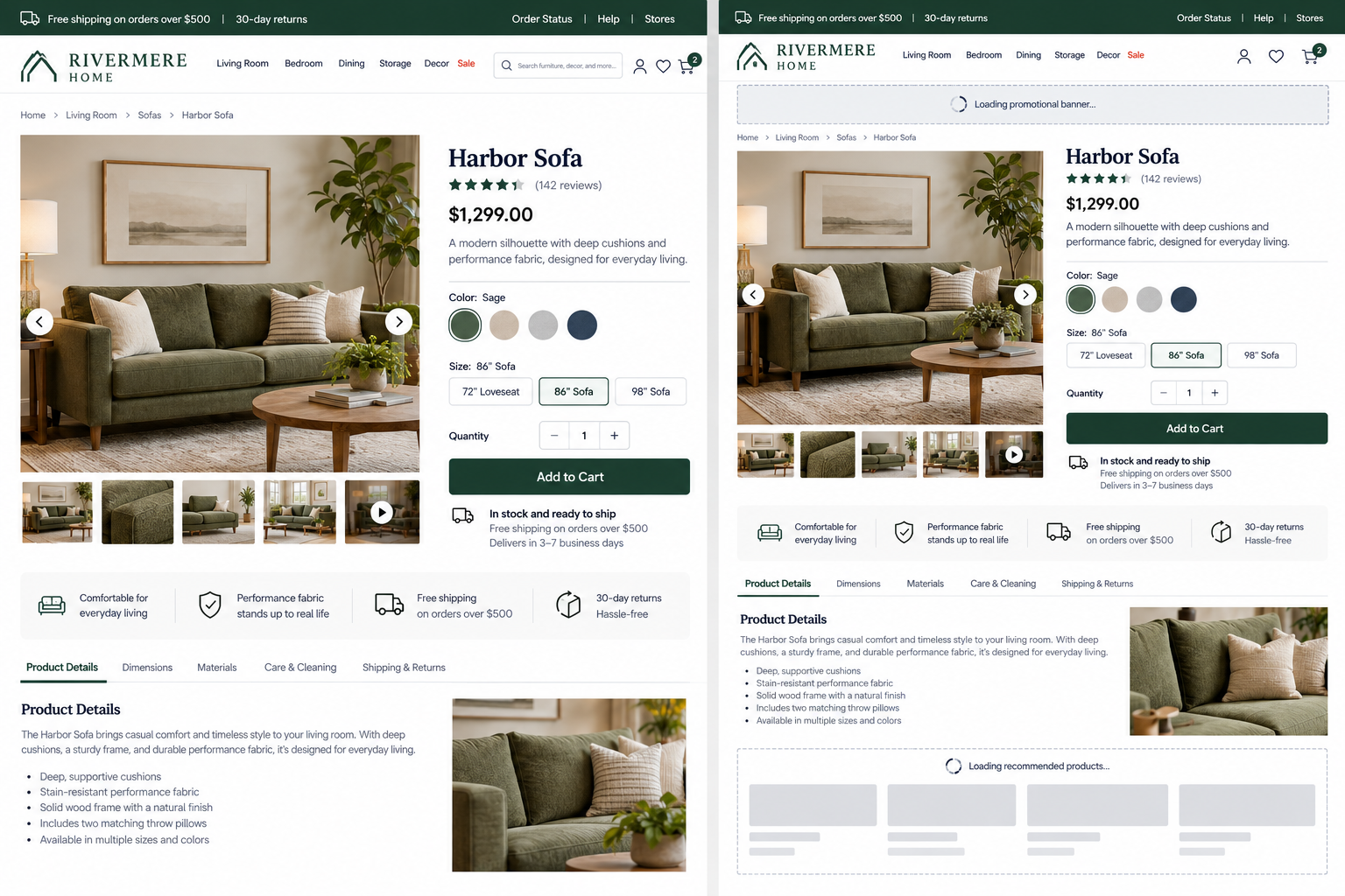 Screenshot of an online furniture store page featuring a green Harbor Sofa priced at $1,299. It includes product images, details, and options to select size and color, along with shipping and return information.