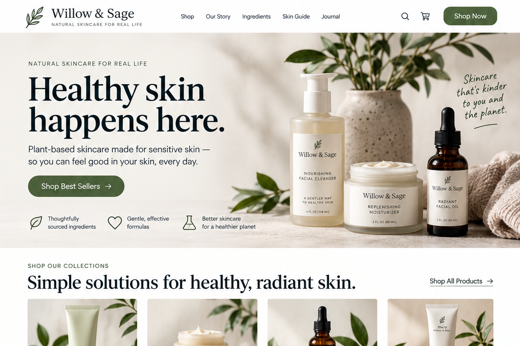Screenshot of the Willow & Sage website homepage featuring natural skincare products, including facial cleanser, moisturizer, and facial oil, with a plant in a vase and minimalistic design.