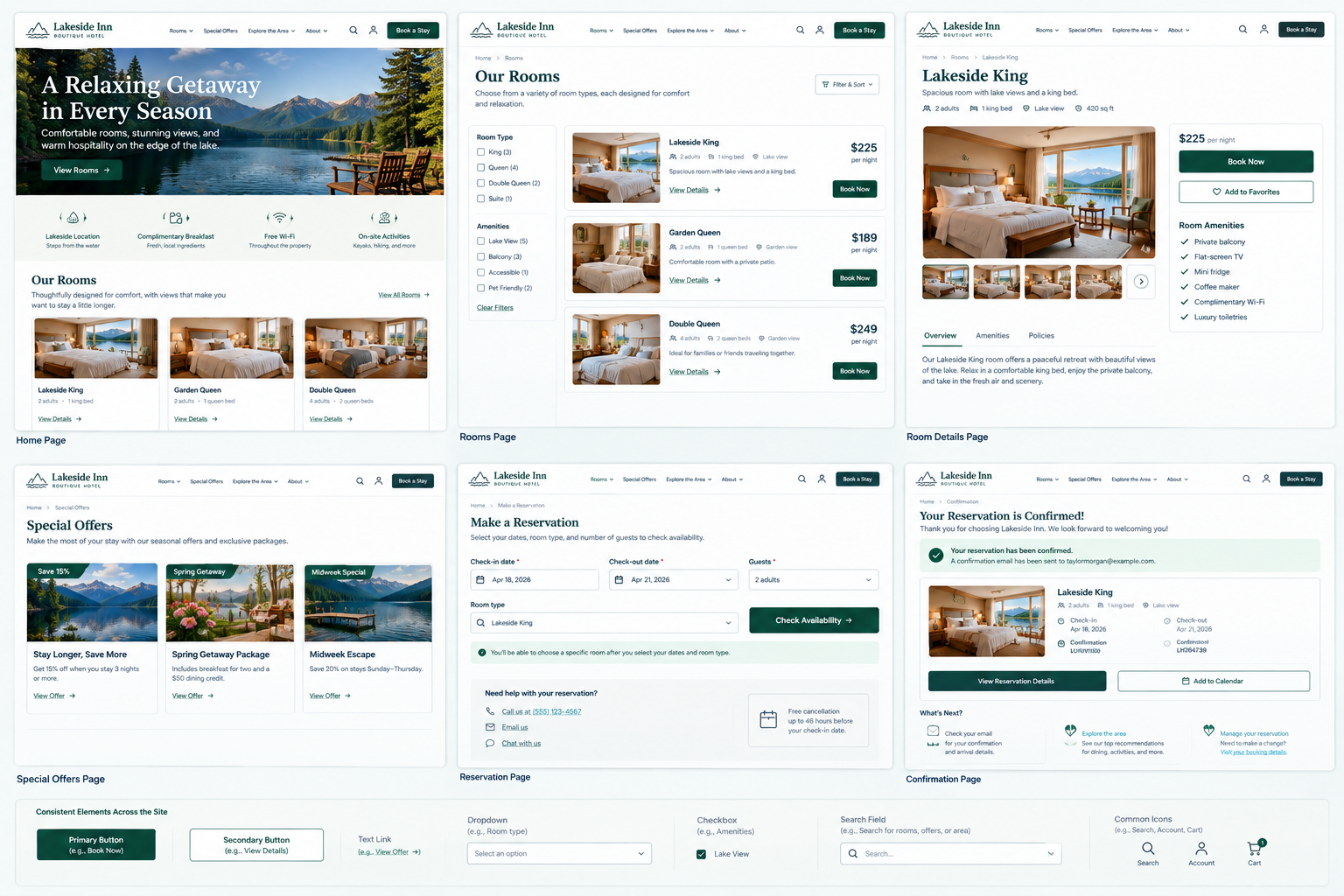 Screenshots of a hotel booking website for Lakeside Inn, showing the homepage, rooms listing, room details, special offers, reservation process, and confirmation page. The site features lake views, room selections, amenities, and booking options.