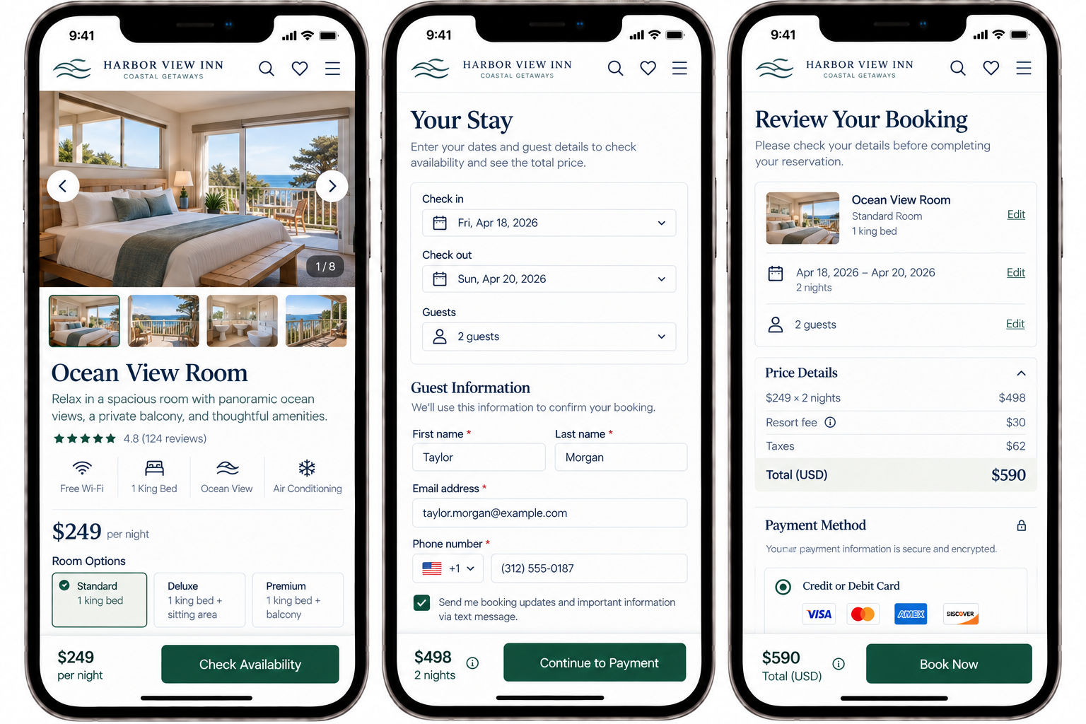 Trip booking mobile app screens for Harbor View Inn, showing a room with ocean view, options to select dates and room, guest information form, and booking review with total cost and payment options.