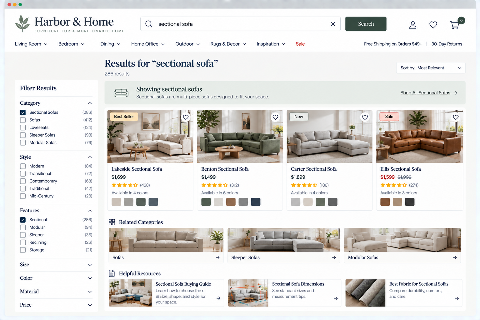 Results page for sectional sofas on Harbor & Home website, showing four different sectional sofas with prices, ratings, and color options.