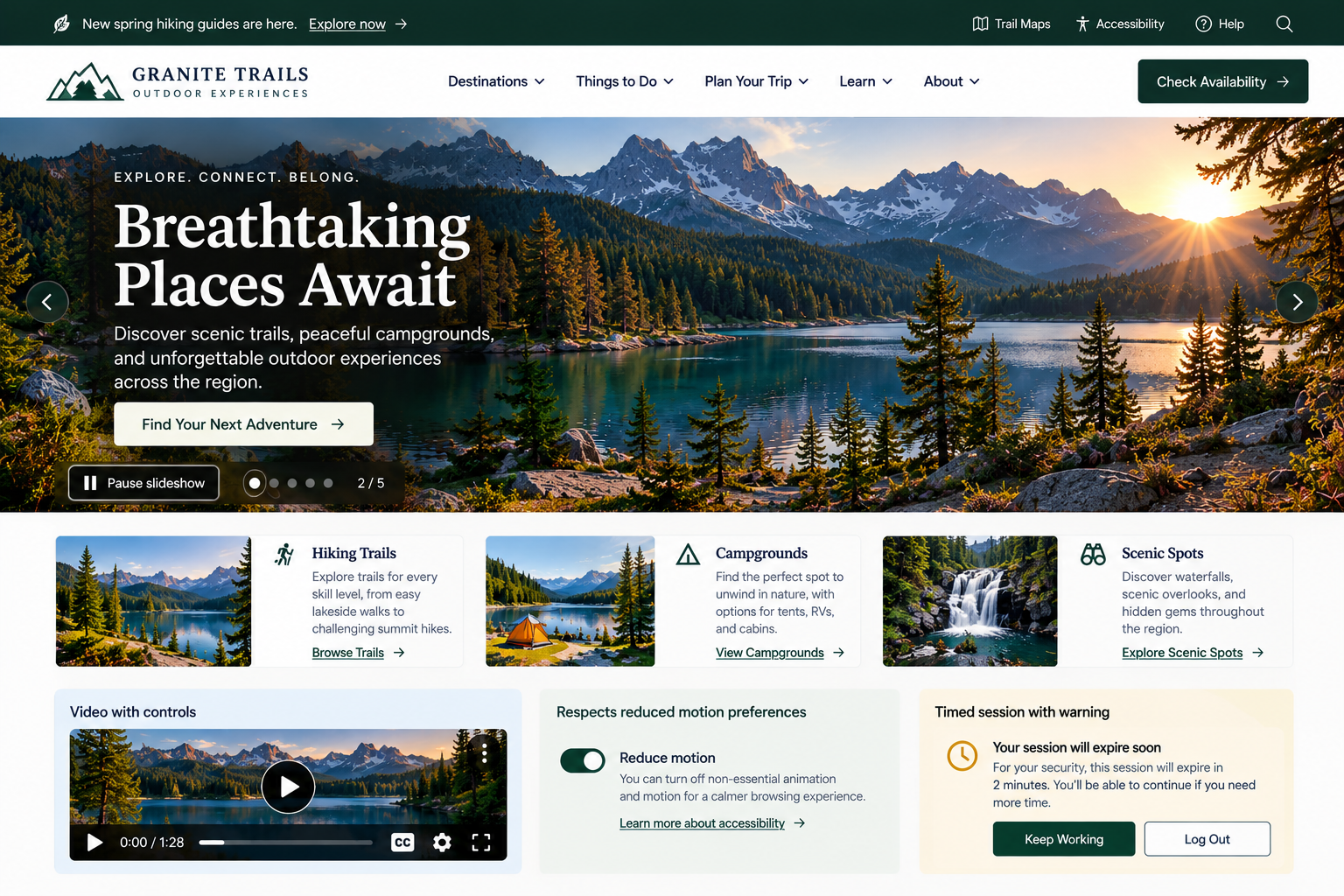 A scenic outdoor website homepage showing a lake surrounded by pine trees, mountains, and a sunset sky. The site offers guides for hiking, camping, and exploring scenic spots.