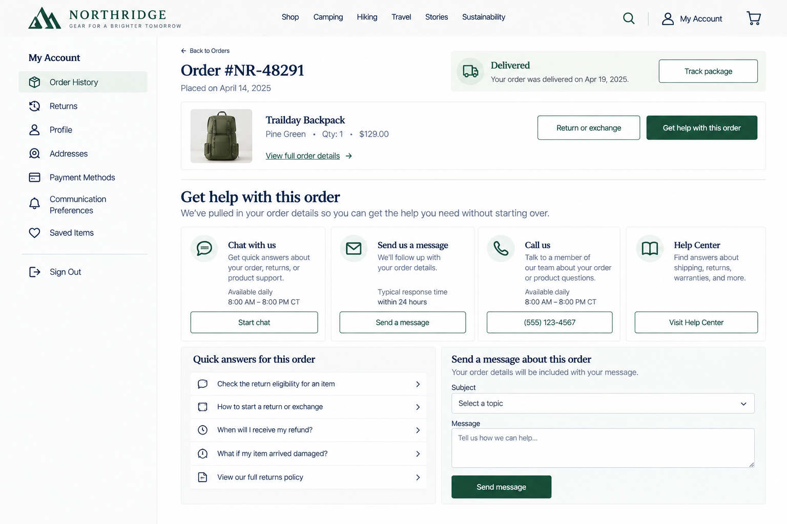 Online order details page showing a trailiday backpack in pine green, ordered on April 14, 2025, for $129.00, with delivery confirmed on April 19, 2025. The page offers options for chat, messaging, call, and help center for order support.