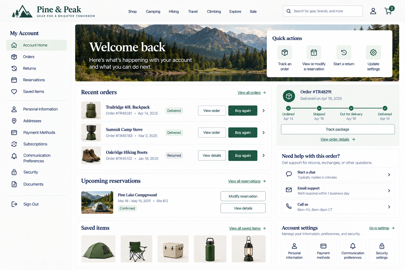 Screenshot of Pine & Peak online store homepage with navigation, account information, recent orders, and upcoming reservations, featuring mountain and campsite imagery.