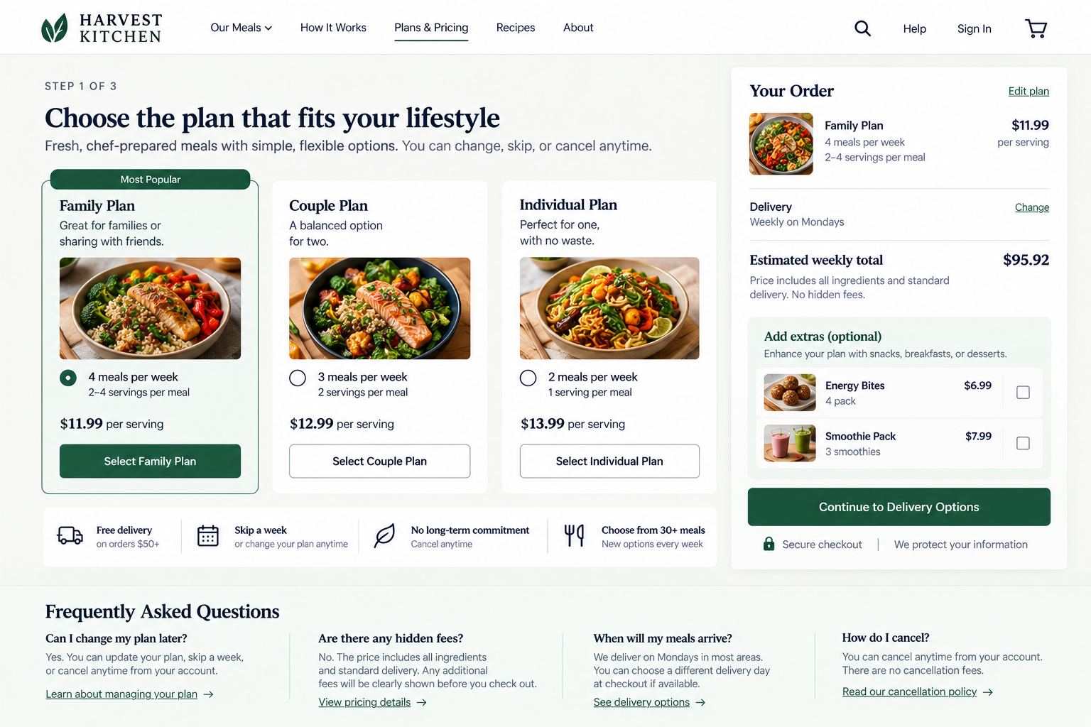 Screenshot of an online meal subscription service webpage showing meal plan options: Family Plan, Couple Plan, and Individual Plan, with images of prepared meals and pricing details on the right side.