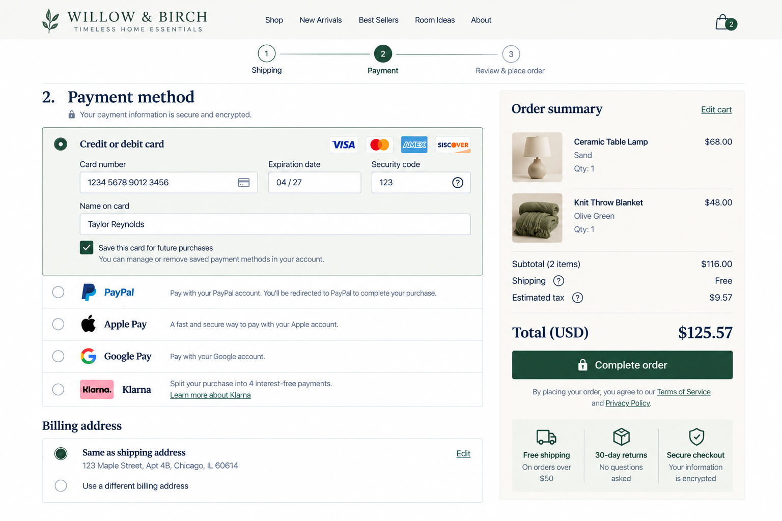 Online checkout page for Willow & Birch, showing payment method selection with credit card form, order summary, billing address, and purchase options.