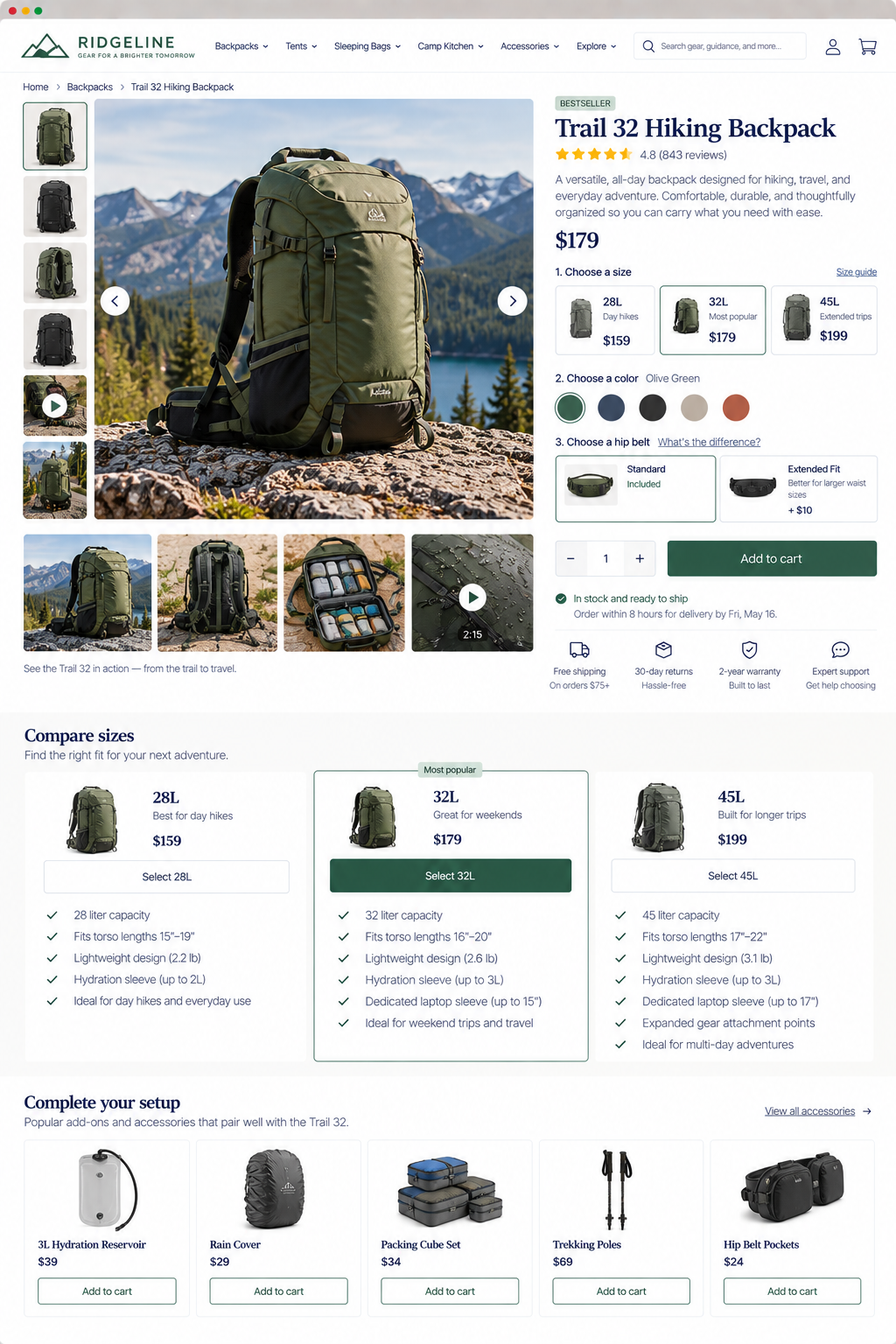 Green Trail 32 Hiking Backpack on rocky terrain with mountain and lake landscape in the background.