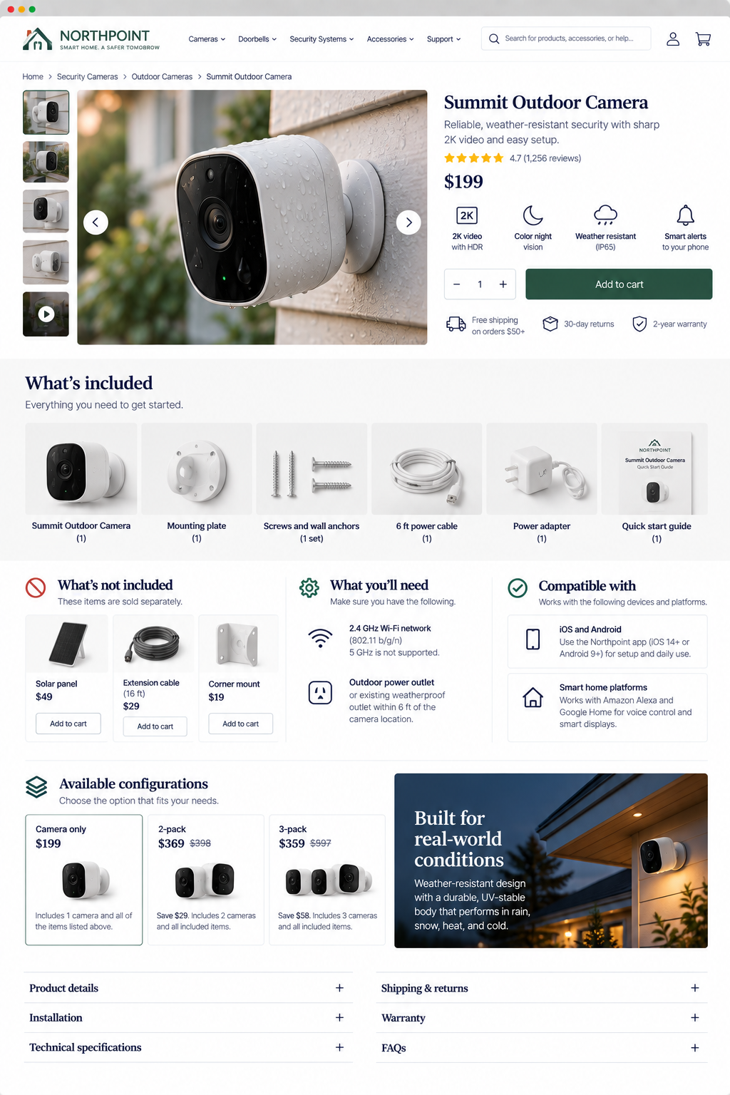 Product listing for a Summit Outdoor Camera on the Northpoint website. The main image shows the camera mounted outside with raindrops on it, and the page provides product details, accessories, pricing, and options for outdoor security cameras.