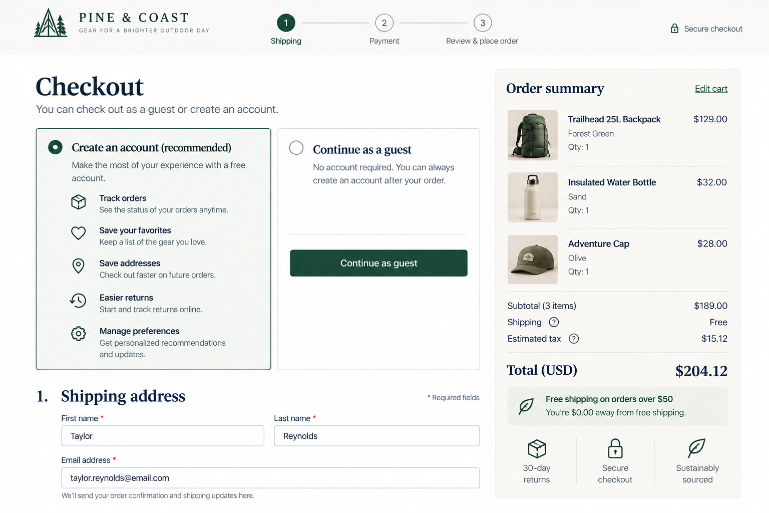Screenshot of Pine & Coast outdoor gear checkout page showing order summary with a backpack, water bottle, and cap, along with shipping and payment details.