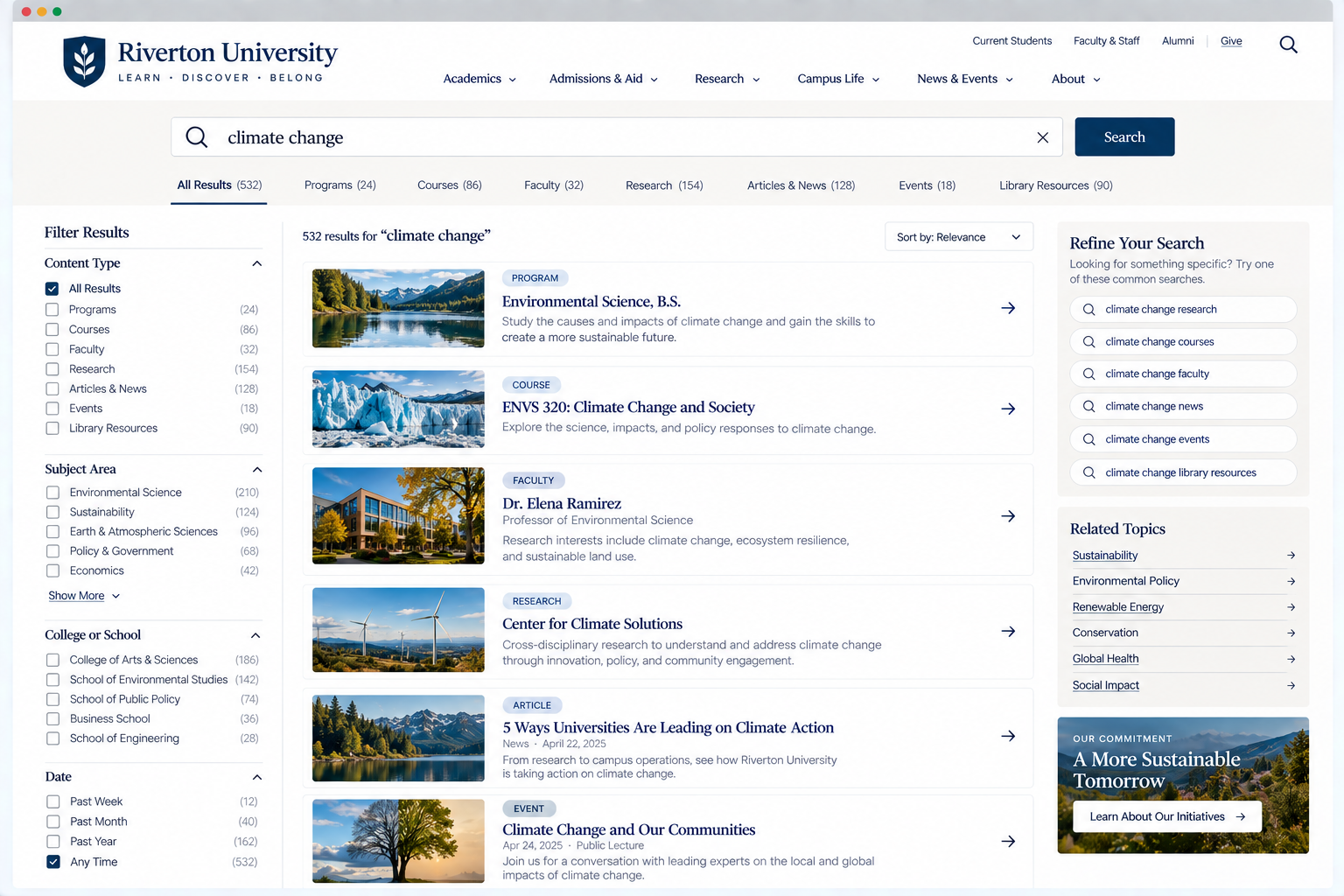 Screenshot of Riverton University's website showing search results for climate change. The page includes various programs, courses, faculty, research articles, and events related to climate change.