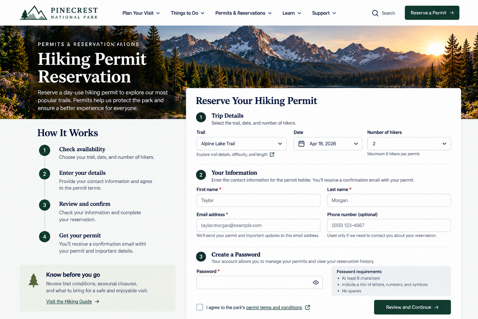 Pinecrest National Park hiking permit reservation webpage showing a scenic mountain view with pine trees at sunrise, a form to reserve a hiking permit, and a menu with options for planning visits, activities, permits, learning, and support.
