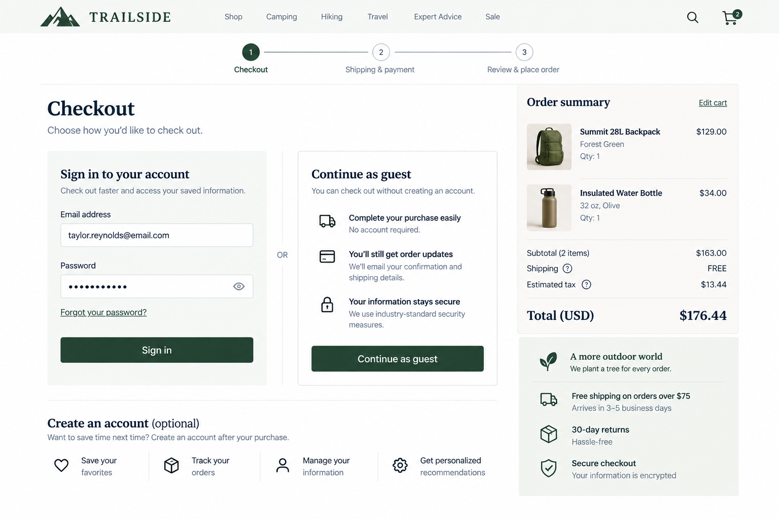 Screenshot of an online checkout page on the Trailside website, displaying a cart with a forest green Summit 28L Backpack and an insulated water bottle, with prices, total cost, and checkout options.