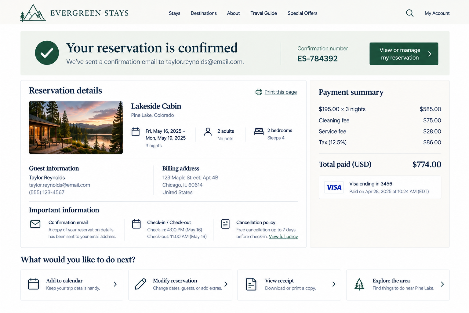 Reservation confirmation webpage for Evergreen Stays showing details for Lakeside Cabin, Pine Lake, Colorado, including the reservation dates, guest information, billing address, and total payment of $774 for a three-night stay with two adults and two bedrooms.