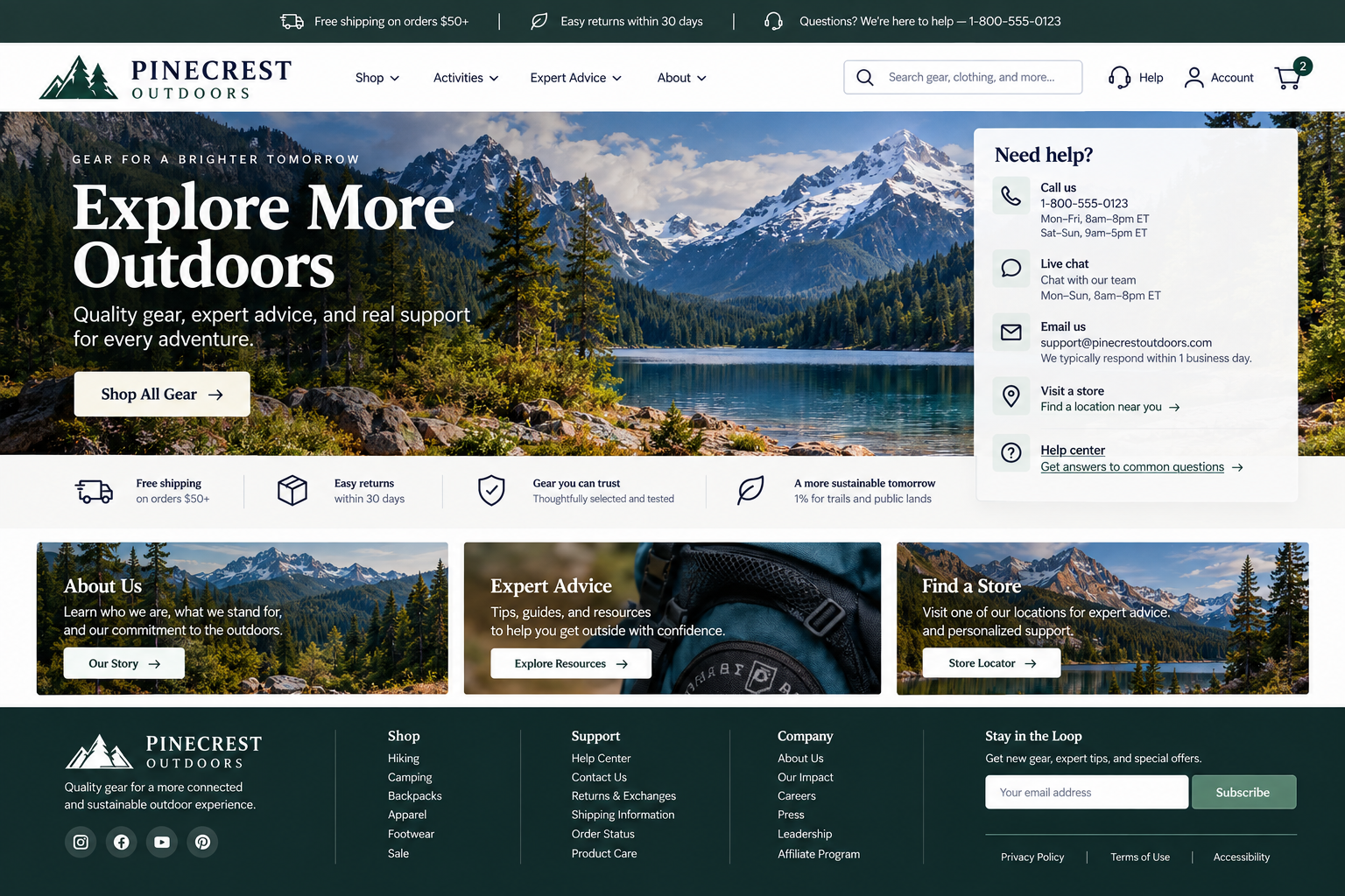 Homepage of Pinecrest Outdoors website featuring a natural mountain lake landscape with snow-capped peaks, evergreen trees, and a rocky shoreline, along with navigation options, contact information, and promotional sections.
