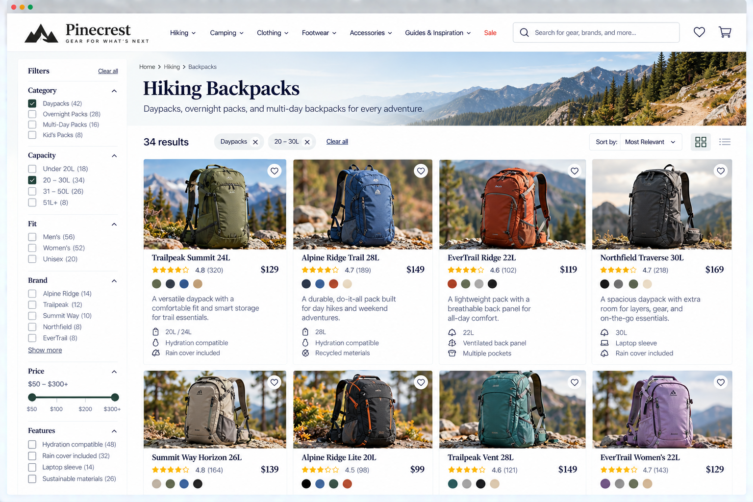 Screenshot of the Pinecrest website showing hiking backpacks categorized by brand and capacity, with images and descriptions of various backpack models on a mountainous outdoor background.