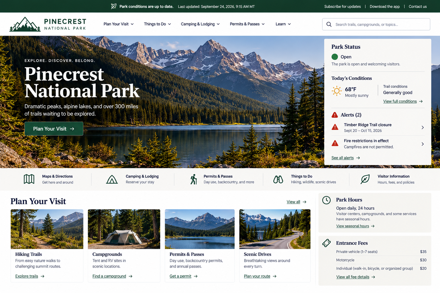 Screenshot of the Pinecrest National Park official website homepage featuring a scenic mountain landscape with a lake and forest, park status, weather conditions, alerts, and options to plan a visit, including hiking trails, campgrounds, permits, scenic drives, and visitor information.