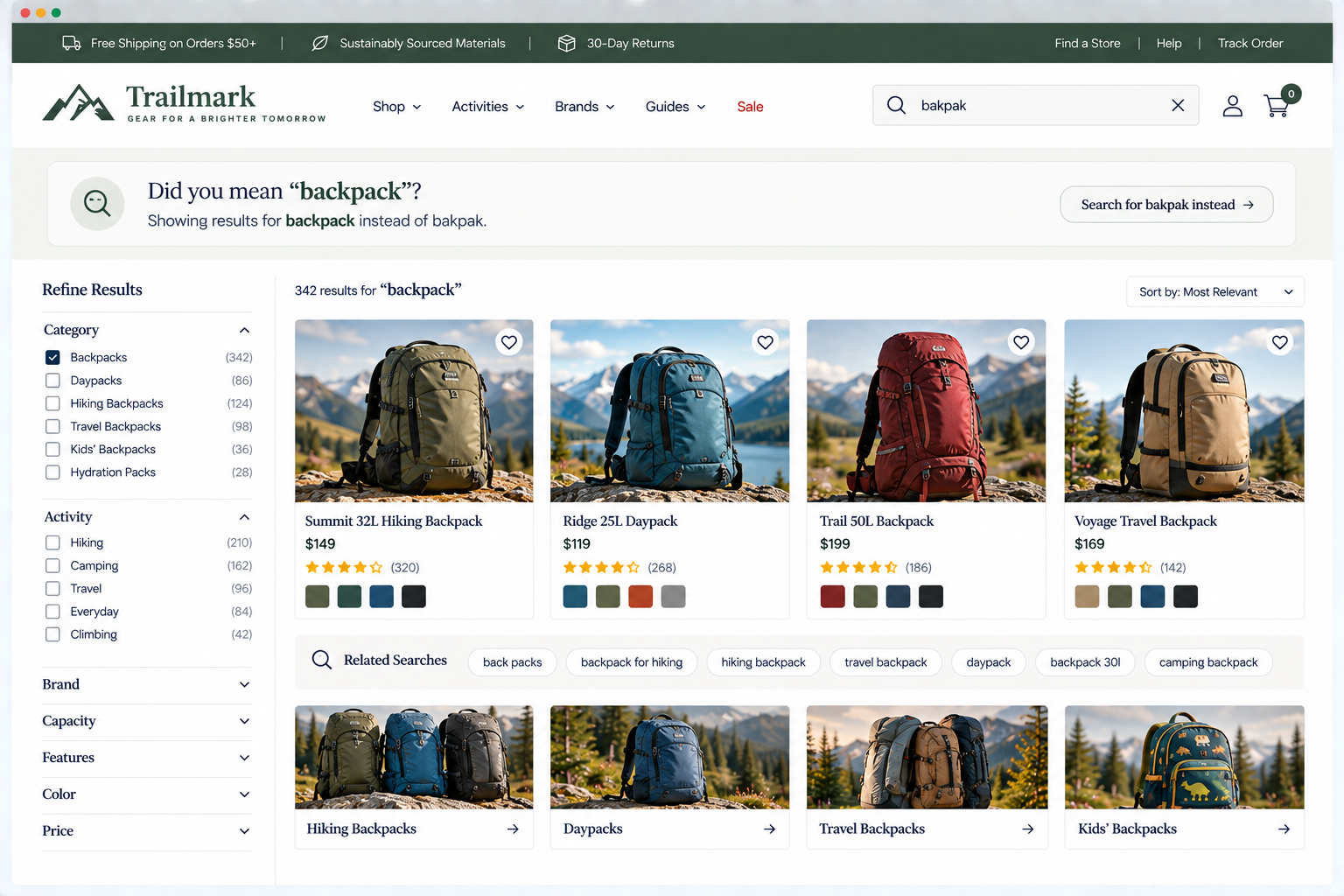 A screenshot of an online backpack shopping website called Trailmark. It features various hiking backpacks with images, prices, ratings, and color options, set against a mountain landscape background.