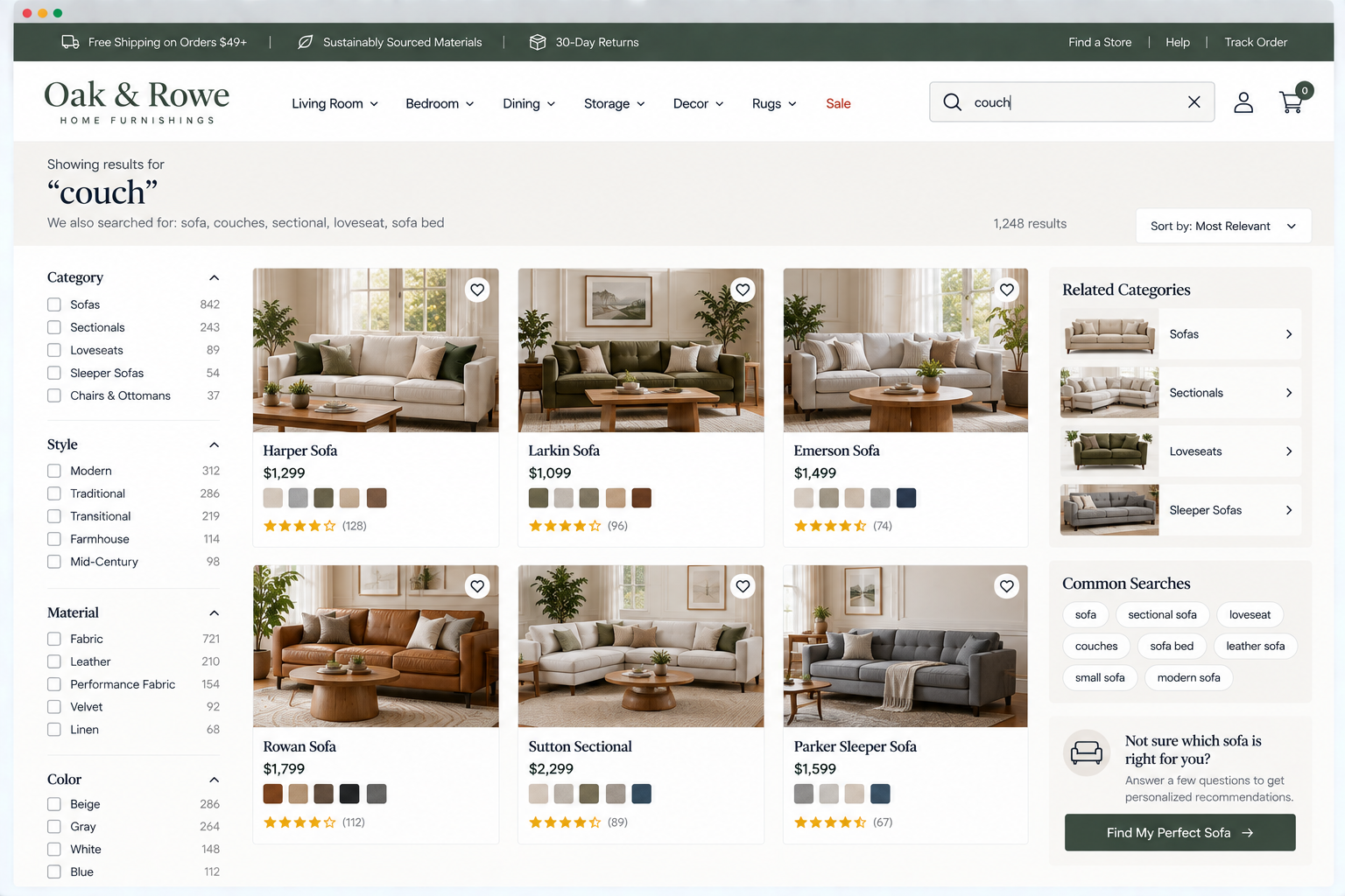 Online furniture store page displaying various sofas with search results for 'couch', including Harper, Larkin, Emerson, Rowan, Sutton, and Parker Sleeper sofas, with filters for style, material, color, and categories.