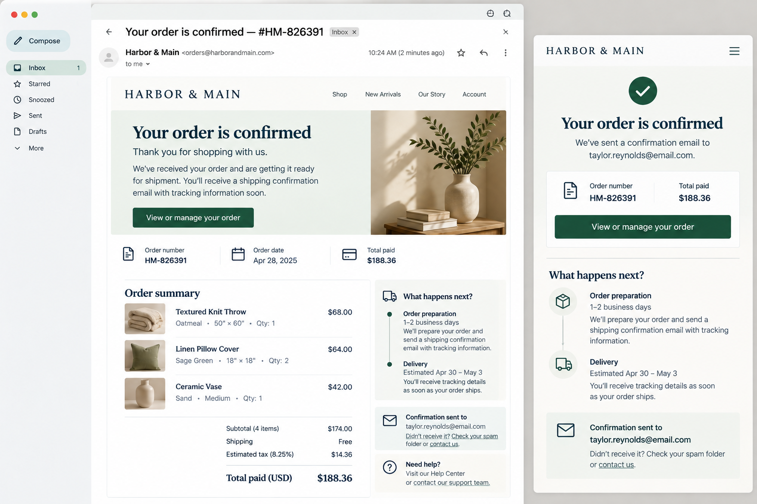 Order confirmation email from Harbor & Main showing order details, items purchased, total paid, and shipment timeline.