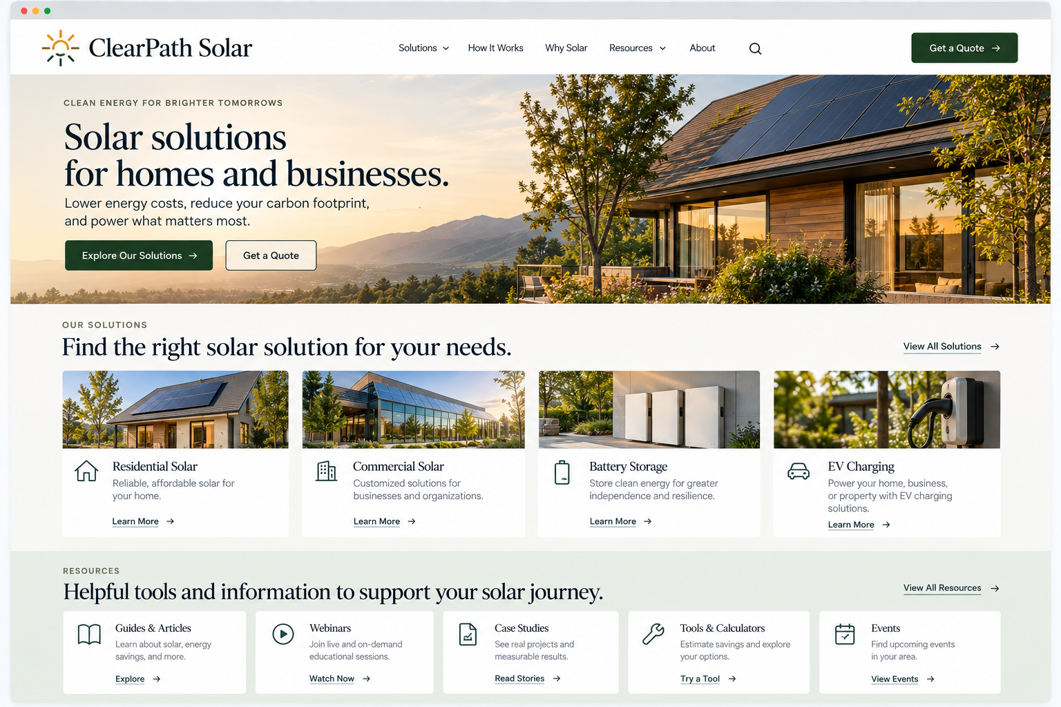 Screenshot of ClearPath Solar website featuring information about solar solutions for homes and businesses, with images of solar panels, a house, and solar energy tools.