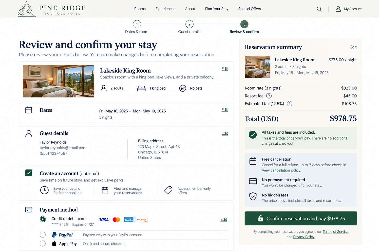 Hotel reservation checkout page for Pine Ridge Boutique Hotel showing booking details for Lakeside King Room, including room price, dates, guest information, and payment options.