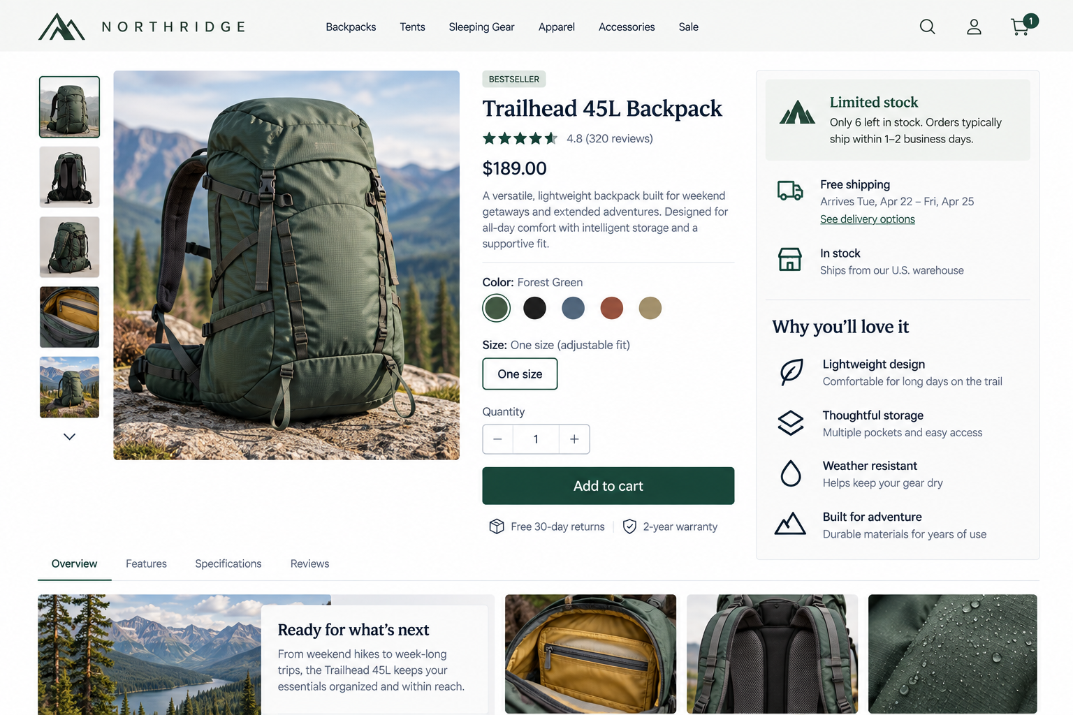 Green Trailhead 45L backpack on rocky outdoor surface with mountains in the background.