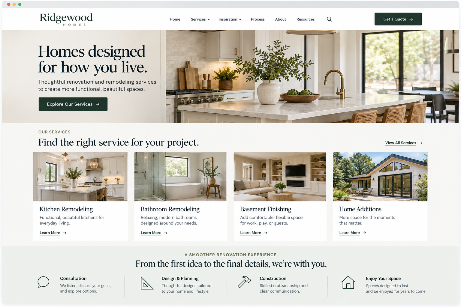 Homepage of Ridgewood Homes website showcasing a modern kitchen with a marble island, potted plant, and plenty of natural light.