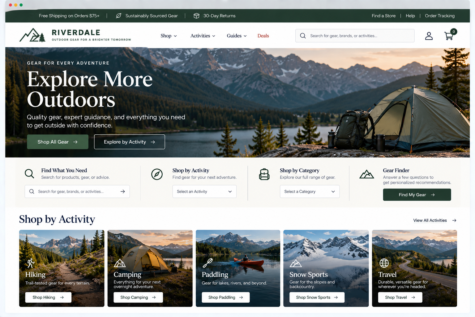 Screenshot of an outdoor gear website featuring mountain and lake scenery with tents and camping gear, with navigation options for different activities like hiking, camping, paddling, and snow sports.