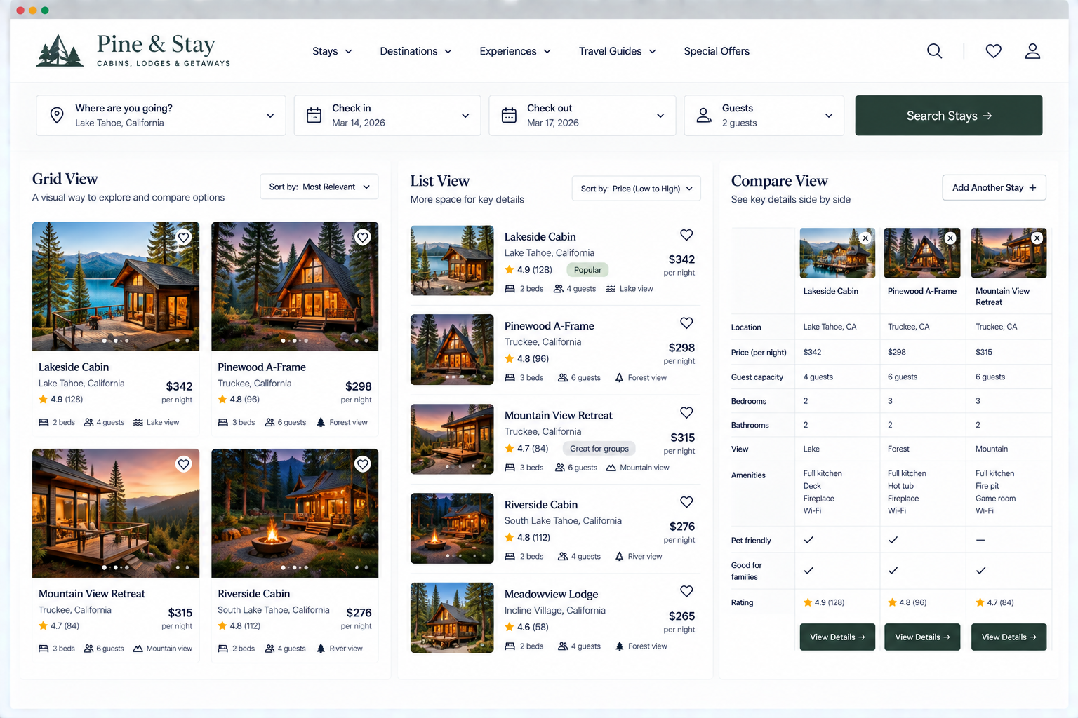 Screenshot of Pine & Stay website showing lodging options in Lake Tahoe, California, including Lakeside Cabin, Pinewood A-Frame, Mountain View Retreat, Riverside Cabin, and Meadowview Lodge, with prices, ratings, and amenities.