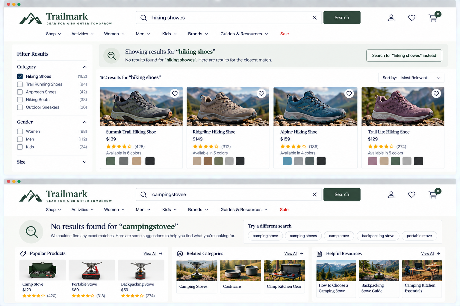 Screenshots of the Trailmark online store showing search results for hiking shoes and camping stoves, with various product listings, prices, ratings, and filters.