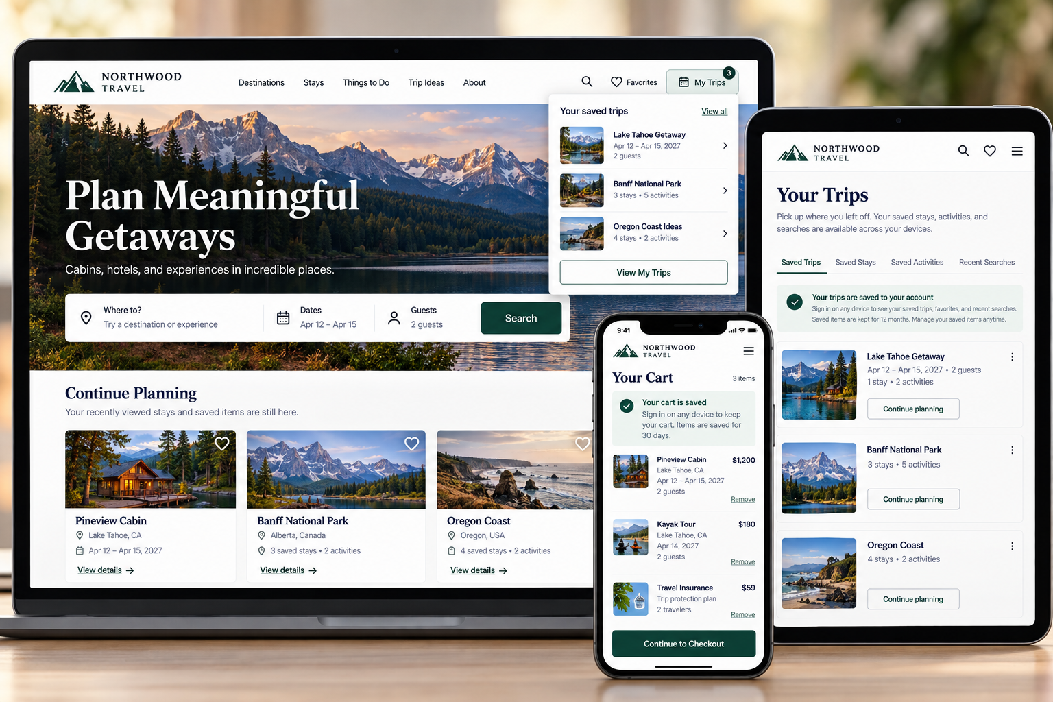 Screenshots of a travel planning app on a laptop, tablet, and smartphone, showing features like trip search, saved trips, trip details, and checkout options.