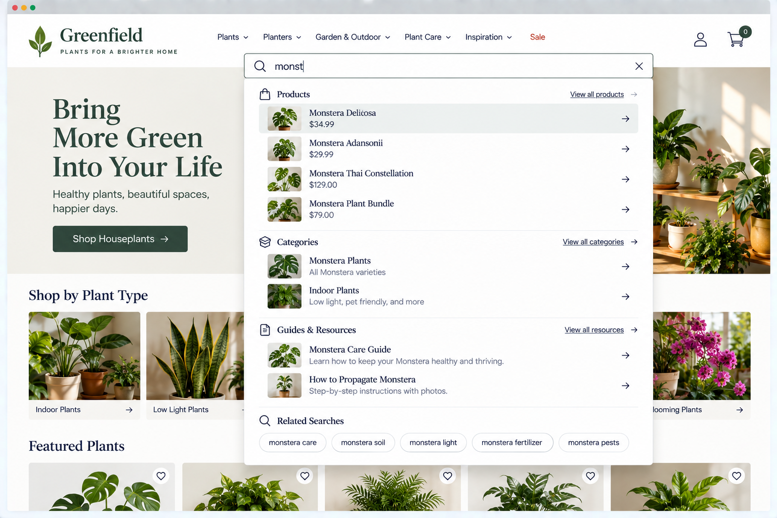 Screenshot of Greenfield website with search for 'monst' and list of monstera plant products, categories, guides, and related searches.
