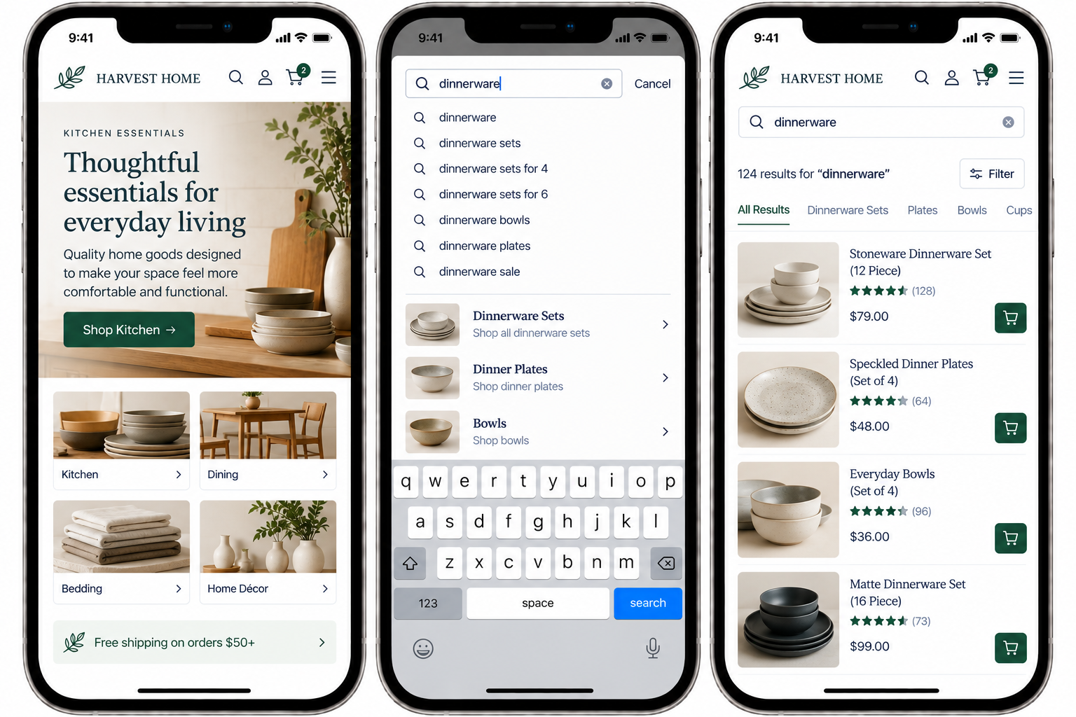 Three smartphones displaying the Harvest Home online store's website. The left screen shows categories like Kitchen, Dining, Bedding, Home Decor with a promotional banner at the top and a green free shipping banner at the bottom. The middle screen shows a search page with the term 'dinnerware' typed in, featuring related search suggestions and categories such as dinnerware sets, plates, bowls. The right screen displays search results for dinnerware, including various sets like stoneware, speckled, everyday, and matte dinnerware sets with prices and ratings.
