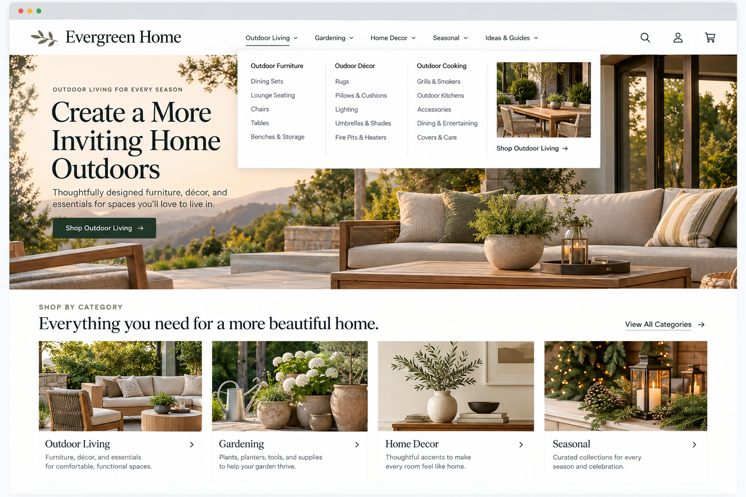 Screenshot of Evergreen Home website homepage featuring outdoor living furniture and decor, with a main banner suggesting creating inviting home outdoors and a section showcasing categorized products for outdoor living, gardening, home decor, and seasonal items.