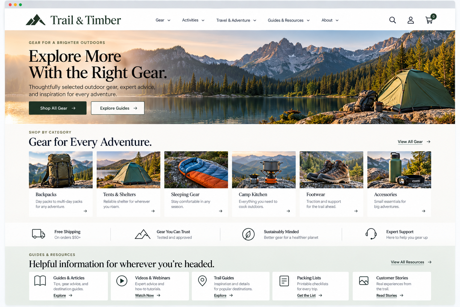 Website homepage for Trail & Timber outdoor gear store, featuring a scenic mountain lake with a tent and camping gear on the shore, and navigation options for gear categories and resources.