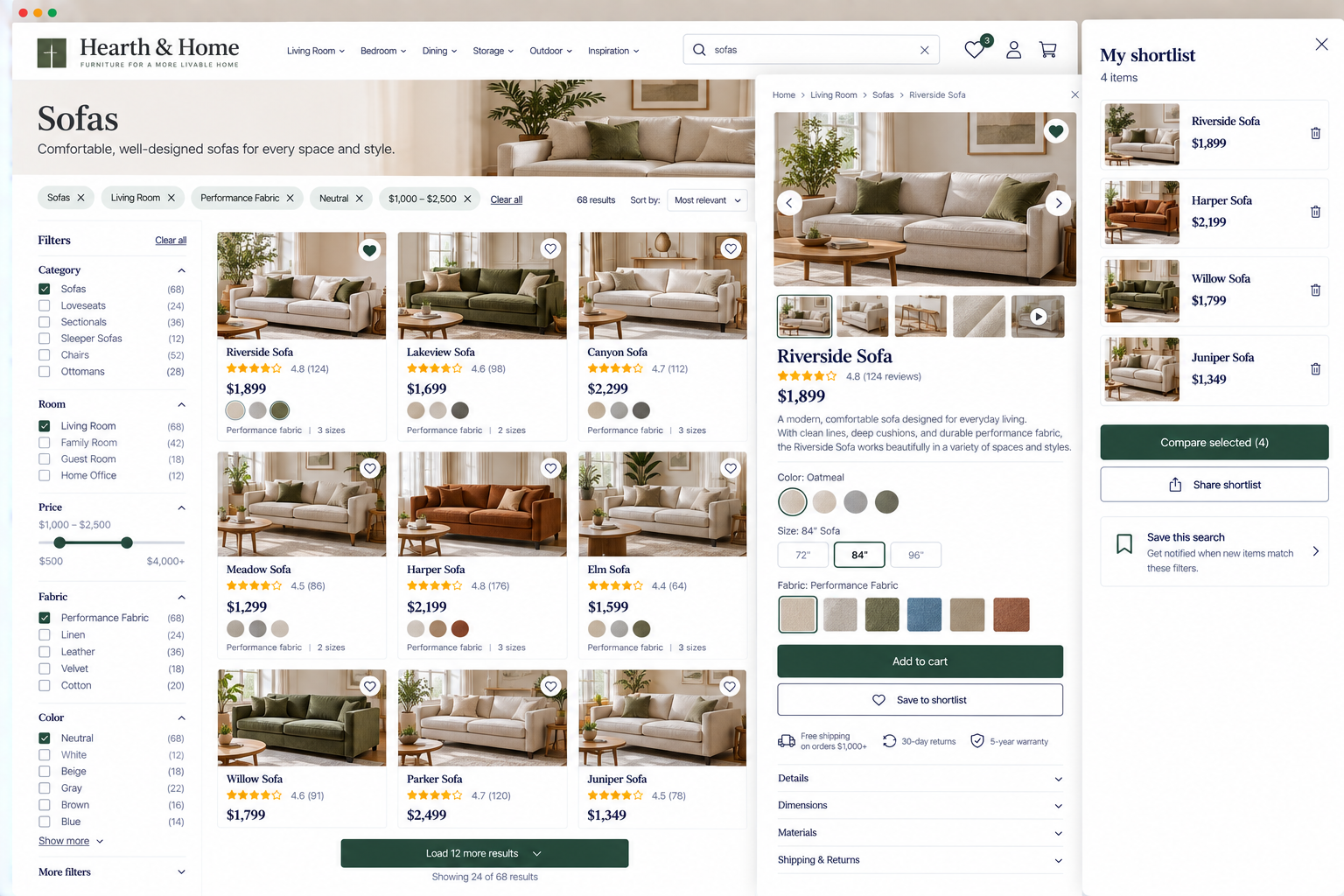 Screenshot of a furniture website page displaying a variety of sofas, including Riverside, Lakeview, Canyon, Meadow, Harper, Elm, Willow, Parker, and Juniper, with filtering options and a shopping cart.