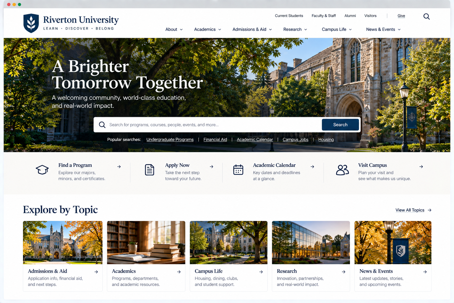 Screenshot of Riverton University's homepage showing a university campus with trees and a stone building, a search bar, and links to programs, admissions, research, campus life, news, and events.