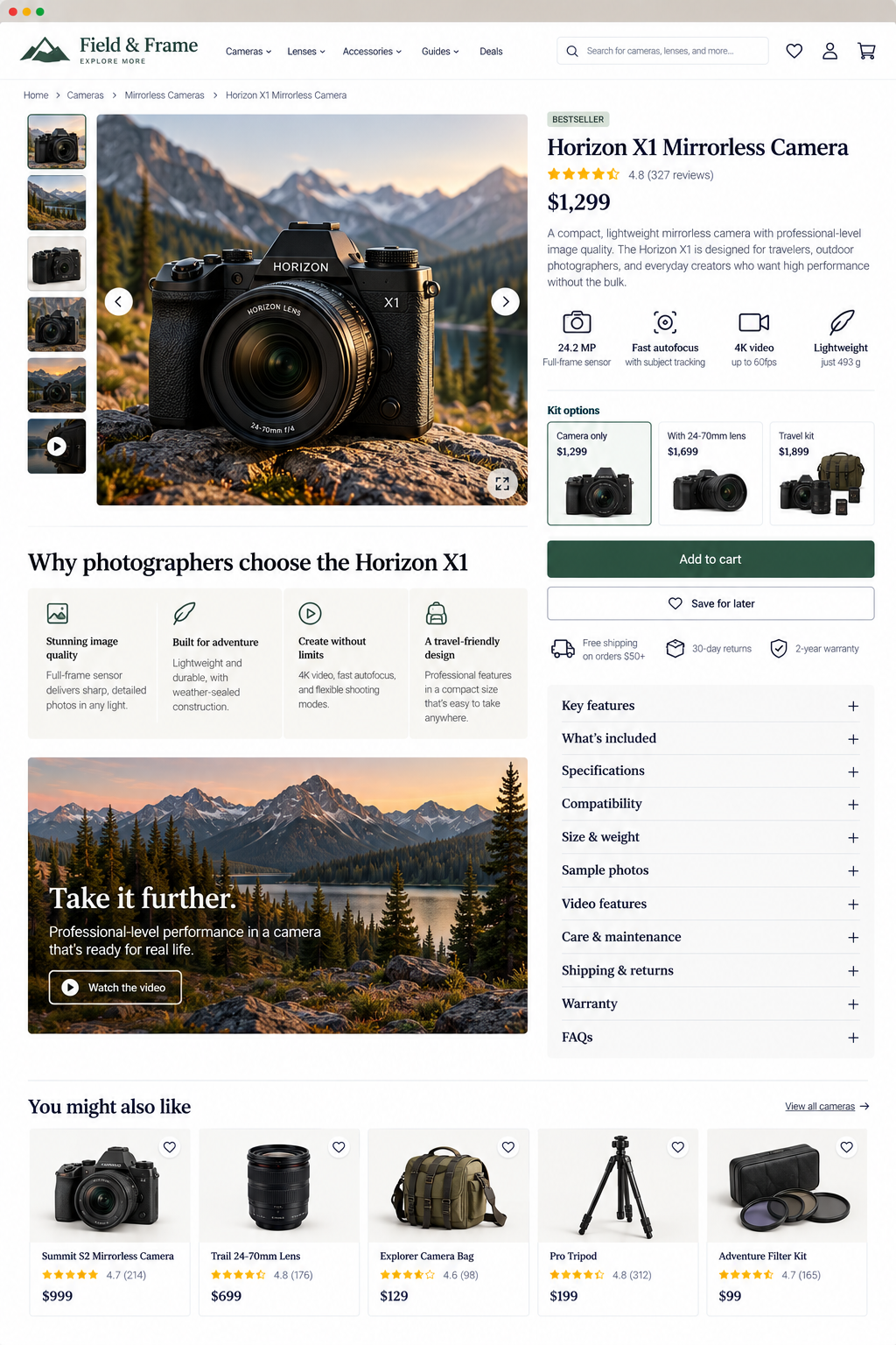 Product page of Horizon X1 Mirrorless Camera from Field & Frame, featuring an outdoor landscape background. The camera is black with a lens, and the page displays its price ($1,299), features, and kit options, including a camera-only, with lens, and travel kit. The page also highlights reasons to choose the camera, such as image quality and portability, and includes related products like additional cameras, lenses, and accessories.