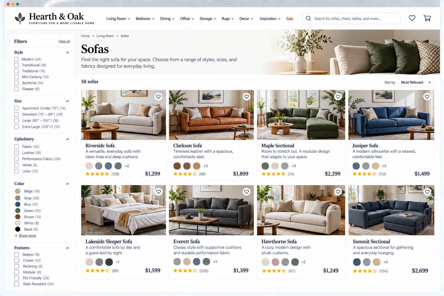 Online furniture store webpage displaying various sofas with images, names, prices, and ratings.