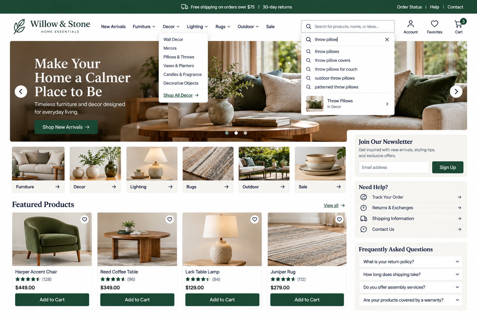 Screenshot of Willow & Stone home goods website showing a navigation menu, search bar with expanded dropdown for throw pillows, promotional banner about furniture and decor, and featured furniture products including an armchair, coffee table, table lamp, and rug.