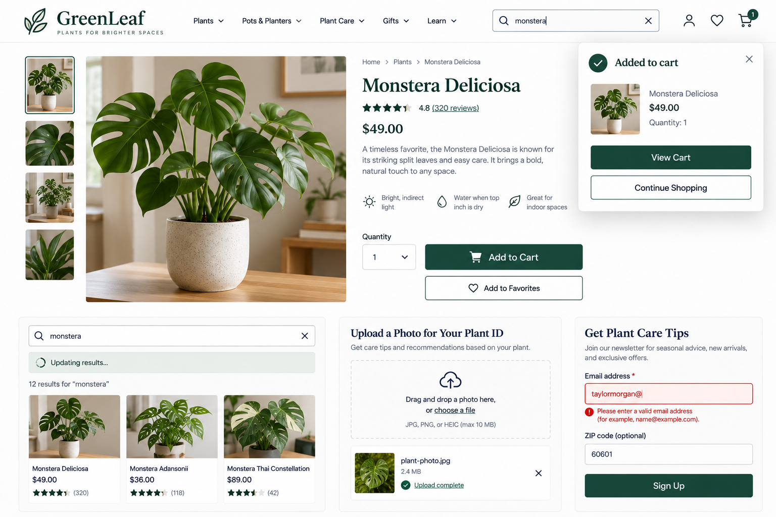 A webpage showing a Monstera Deliciosa plant in a white speckled pot, available for $49 on GreenLeaf. The plant has large, green, split leaves, and the page includes options to add to cart or favorites, with a search bar and related product images on the left.